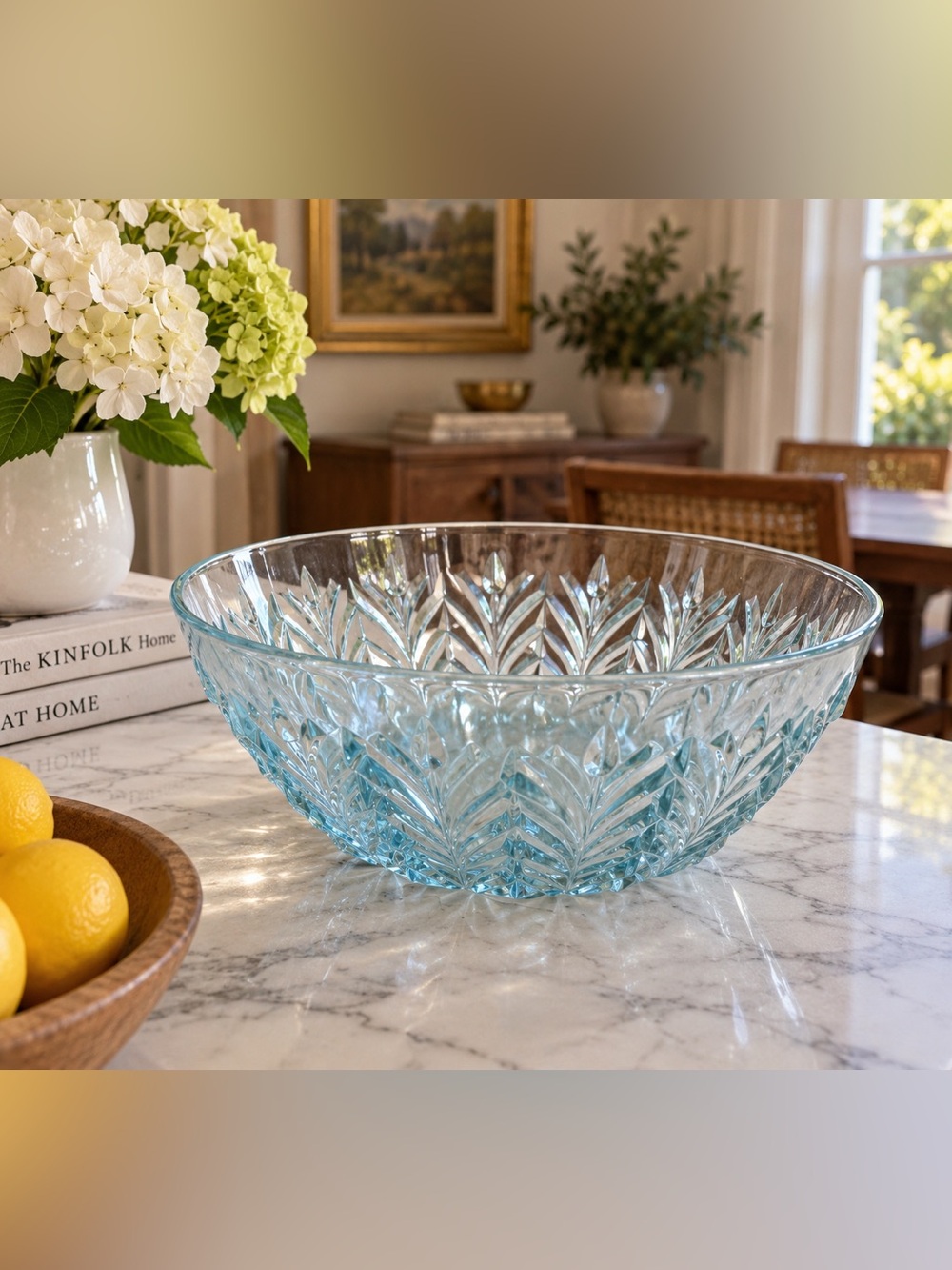 Vintage  1950’s Light Blue Cut Glass Serving Bowl - Elegant Dining Centerpiece